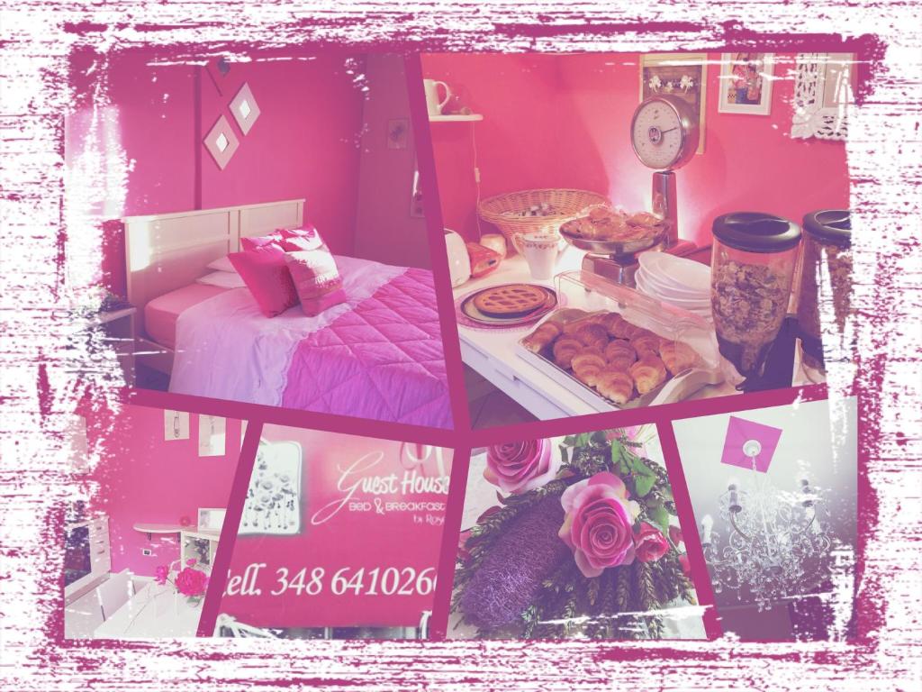 kolaż zdjęć różowego pokoju z łóżkiem i jedzeniem w obiekcie Guest House By Rose w mieście Olgiate Olona