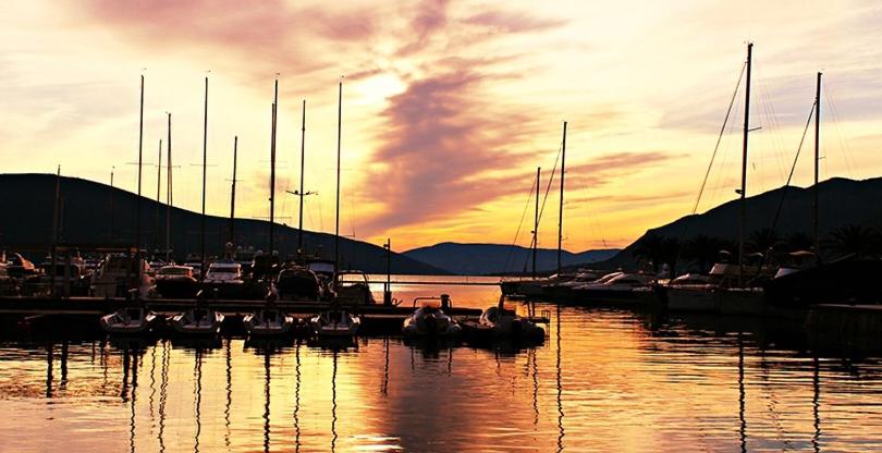 a group of boats docked at a marina at sunset at Guest House Bajceta in Herceg-Novi