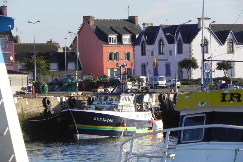 a group of boats docked in a harbor with buildings at La maison rouge in Le Guilvinec