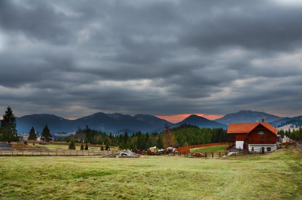 a barn in a field with mountains in the background at Pensiunea Zana Muntilor in Piatra Fantanele