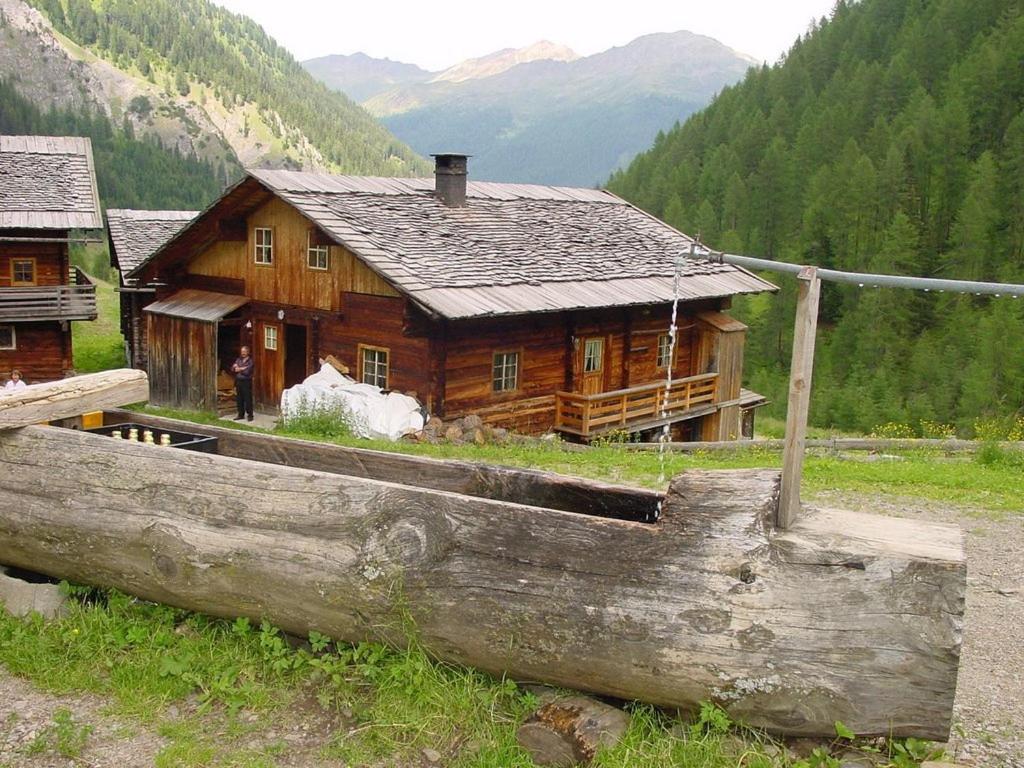 インナーヴィルグラーテンにあるMaxerhütte auf der Alfenalmの丸太を前に置いた木造家屋
