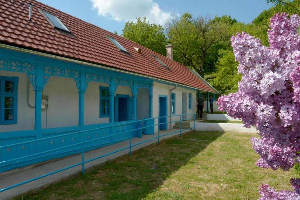 un árbol con flores púrpuras delante de un edificio en Kékfestő Vendégház en Bükkszentkereszt