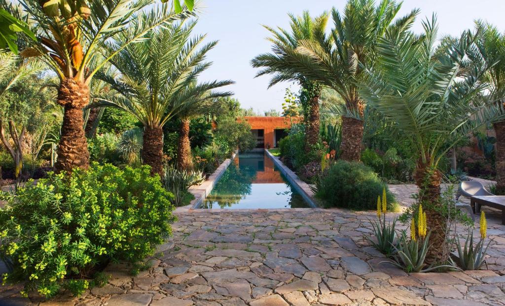 a garden with palm trees and a pond at Dar al Hossoun in Taroudant