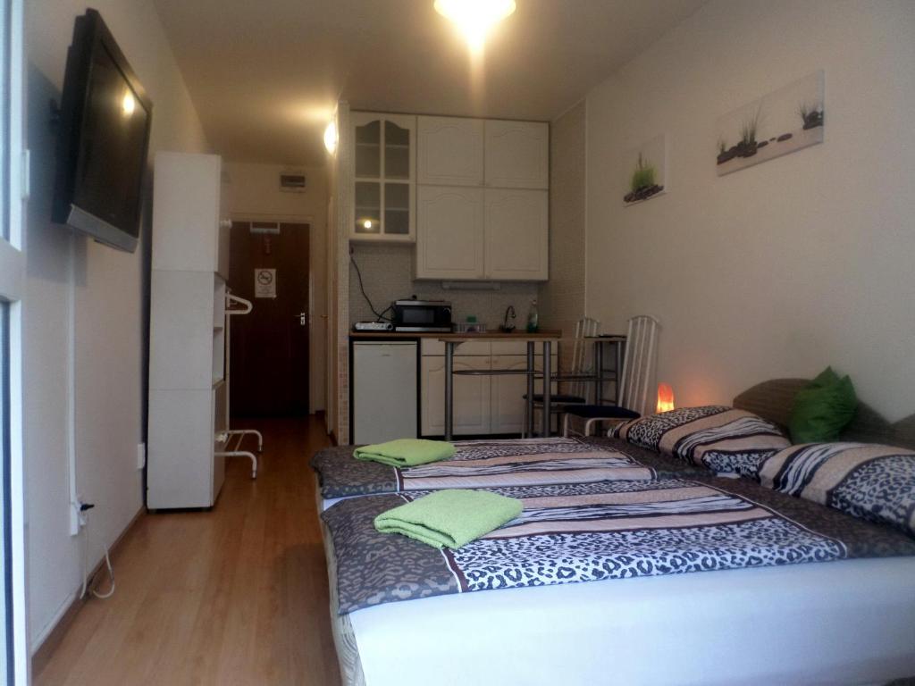 2 Betten in einem kleinen Zimmer mit Küche in der Unterkunft Apartments Leslie in Budapest