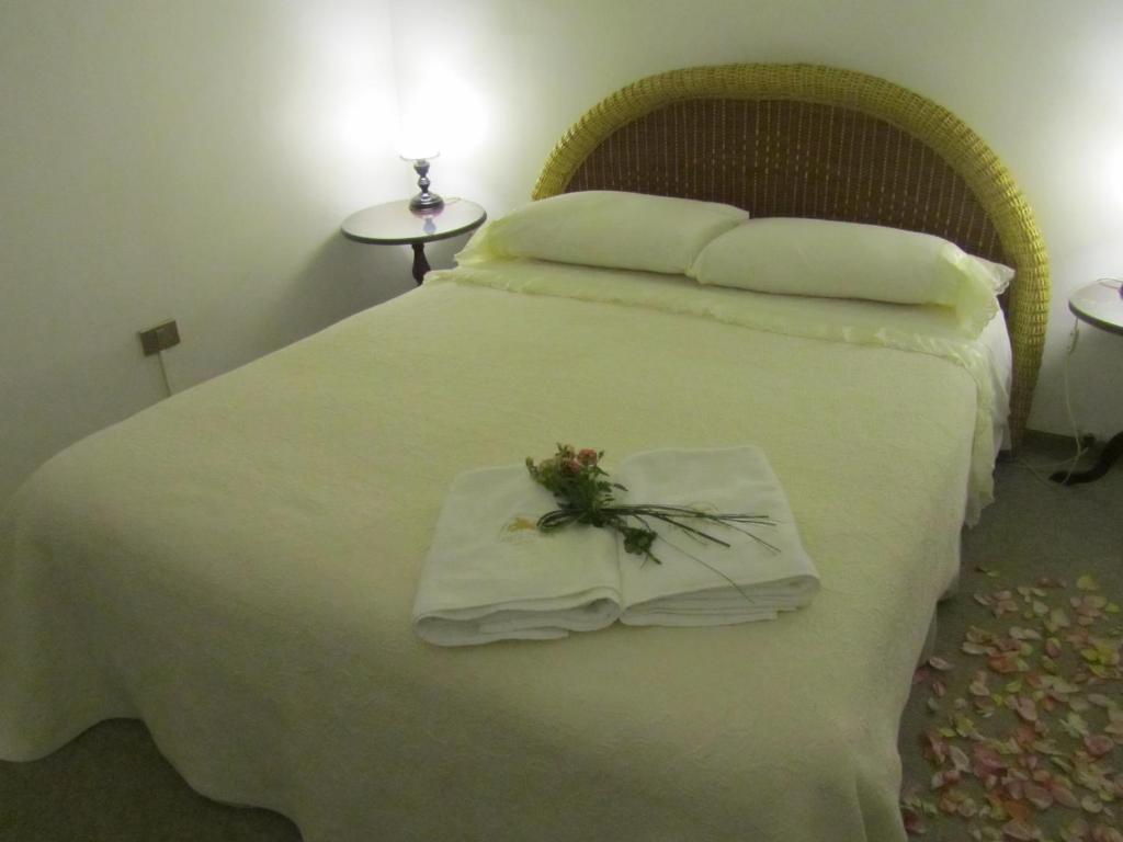 Una cama blanca con dos toallas y flores. en Hacienda Santa Clara, en Peumo