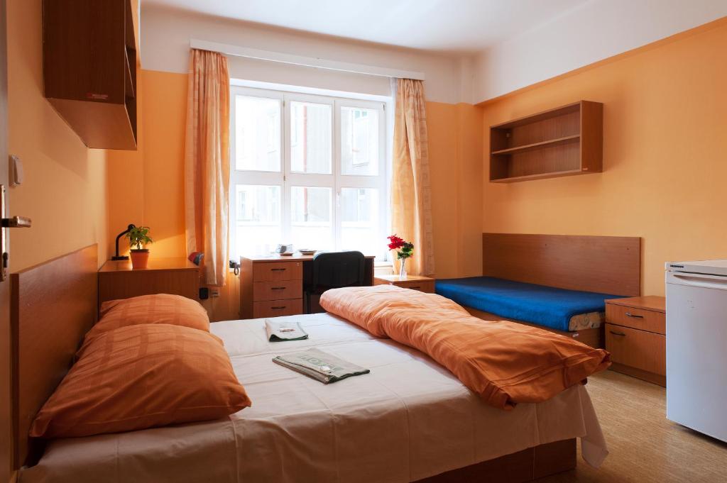 een slaapkamer met een bed, een bureau en een raam bij Roosevelt Hostel in Praag
