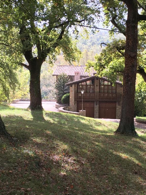 ein Haus mit einer Garage mit zwei Bäumen im Gras in der Unterkunft Casa Can Boix in Vall de Bianya