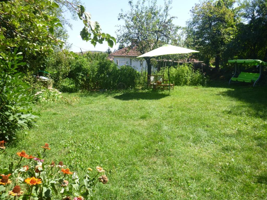 a yard with a table and an umbrella at Tanya's House in Kŭrpachevo