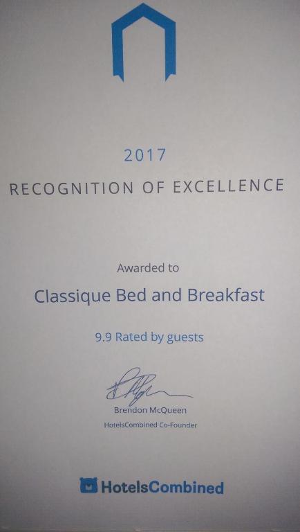 Certifikát, hodnocení, plakát nebo jiný dokument vystavený v ubytování Classique Bed & Breakfast