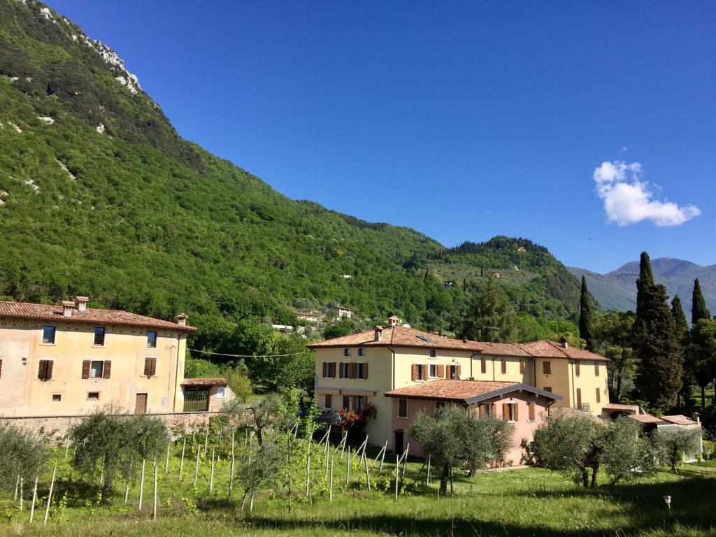a group of buildings in front of a mountain at Agriturismo Cervano in Toscolano Maderno