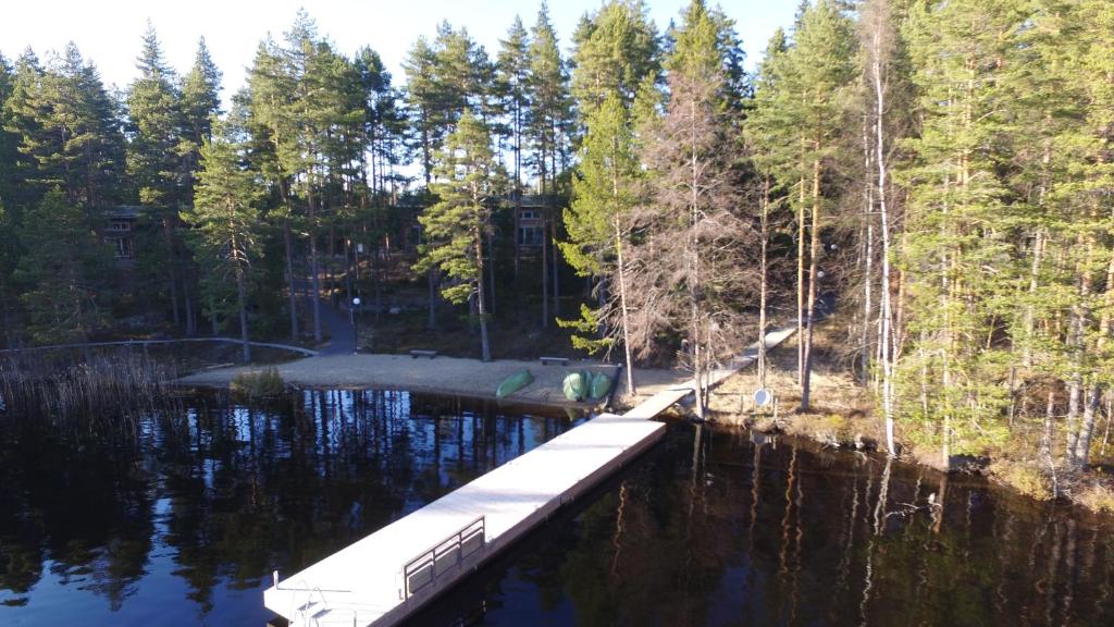 a dock in the middle of a lake with trees at Pyhäjärven Lomakylä in Ruolahti