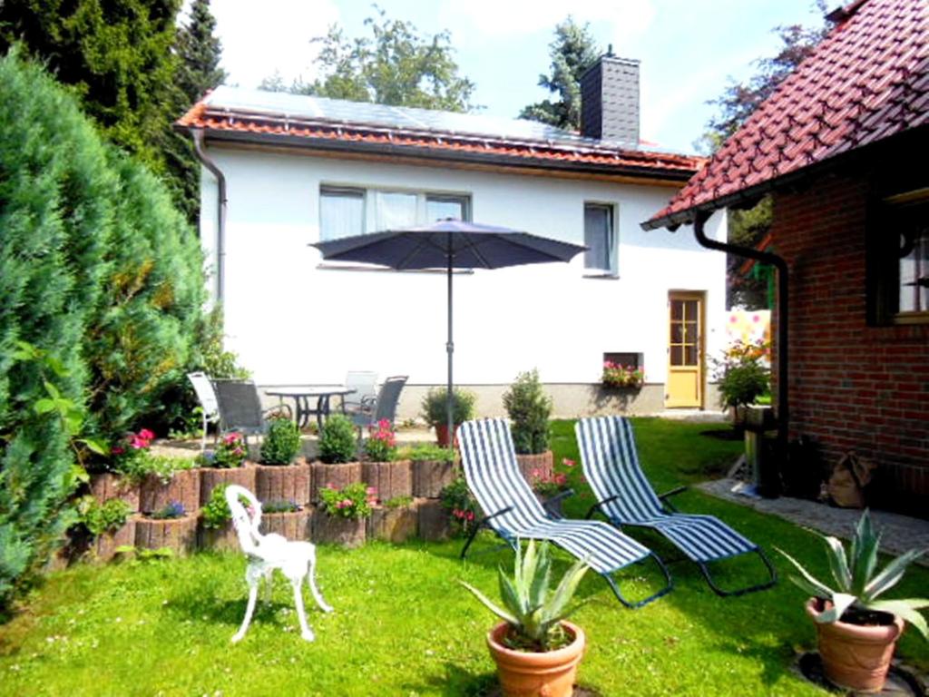 シールケにあるFerienhaus Harzidyllの椅子2脚と傘1脚付きの庭