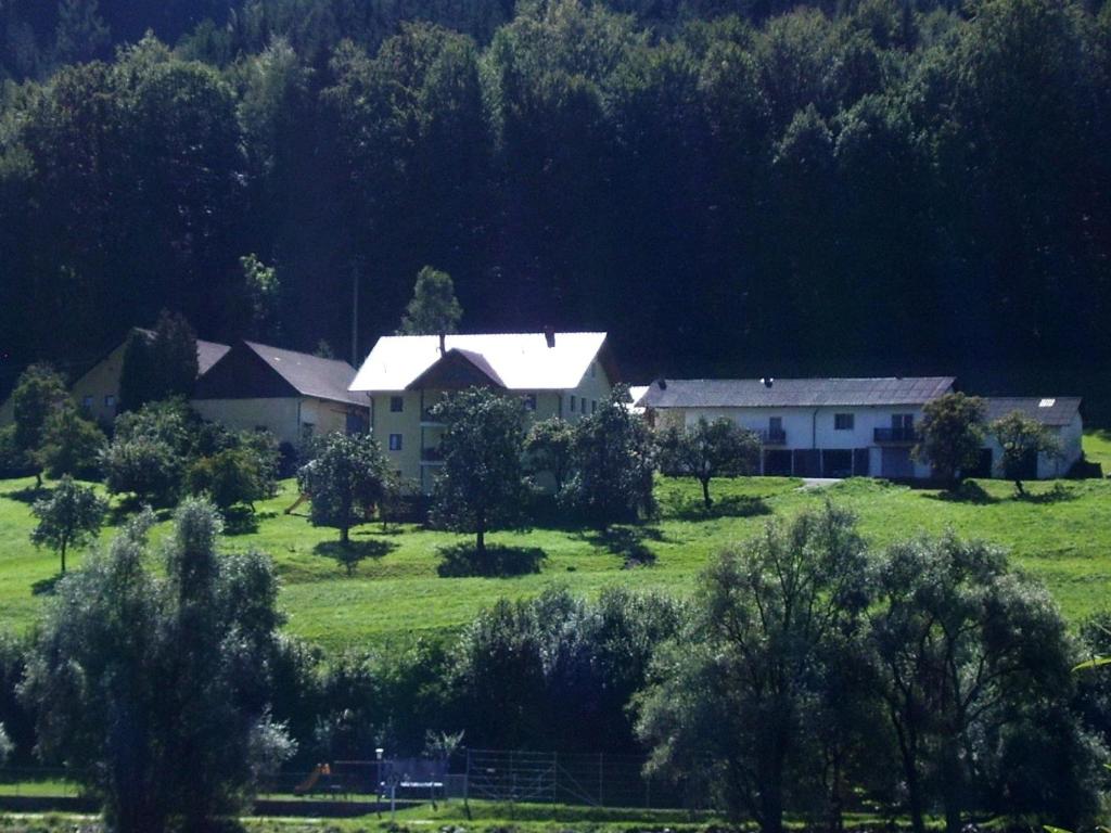 ein Haus inmitten eines Feldes mit Bäumen in der Unterkunft Ferienwohnung Huber in Engelhartszell