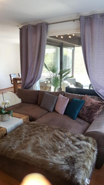 sala de estar con sofá marrón y alfombra peluda en Apartment en Flensburg