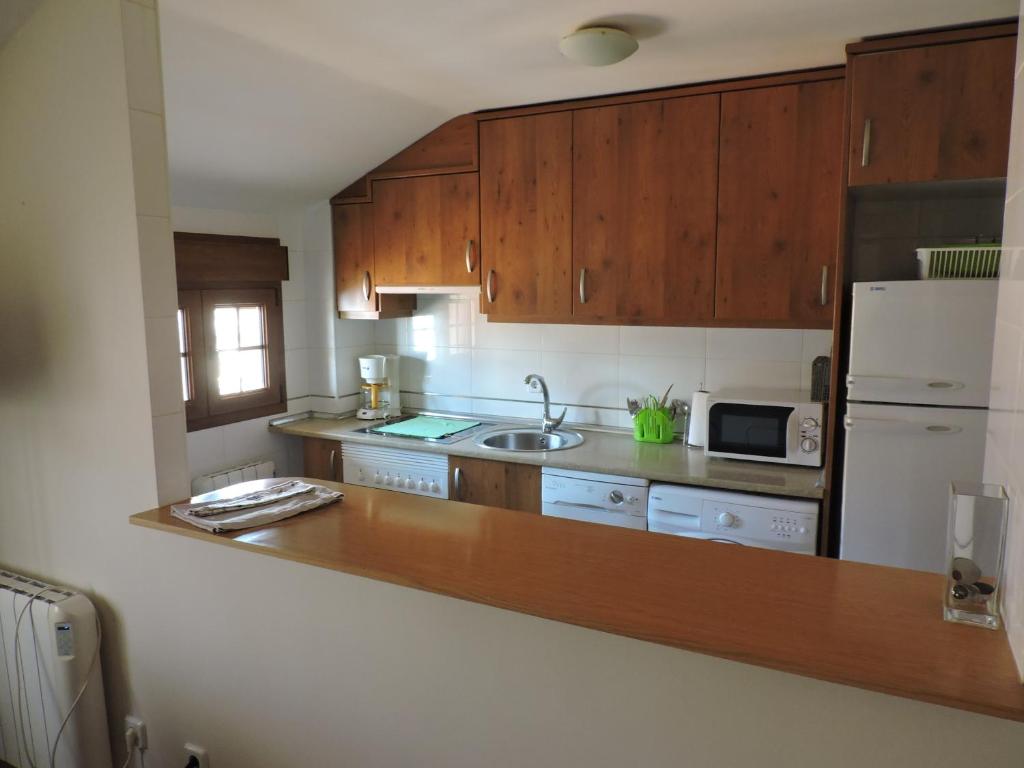 a kitchen with wooden cabinets and a white refrigerator at Apartamento El Rasero in Riaza