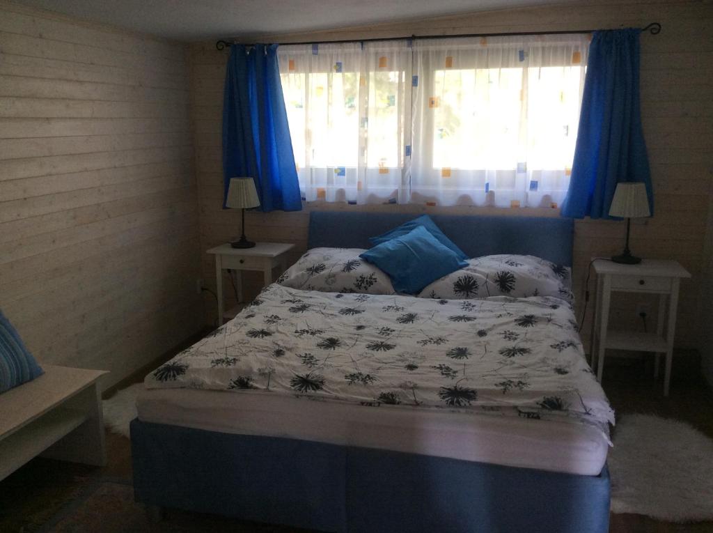 a bed in a bedroom with blue curtains and a window at Apartment Garden in České Budějovice