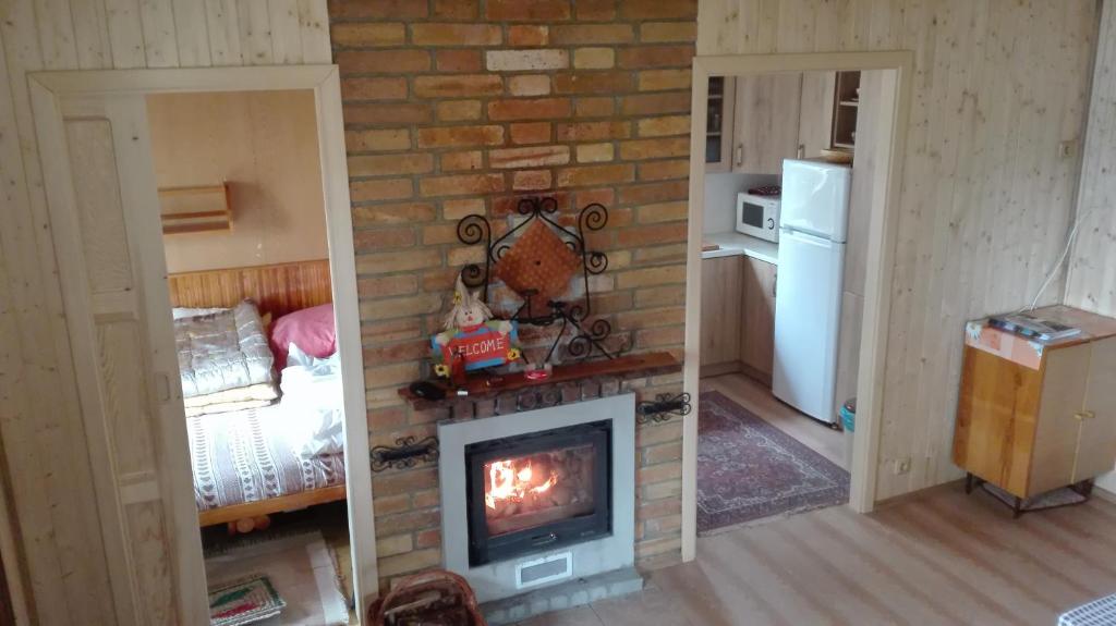 a living room with a fireplace in a brick wall at Chata Cep in Třeboň