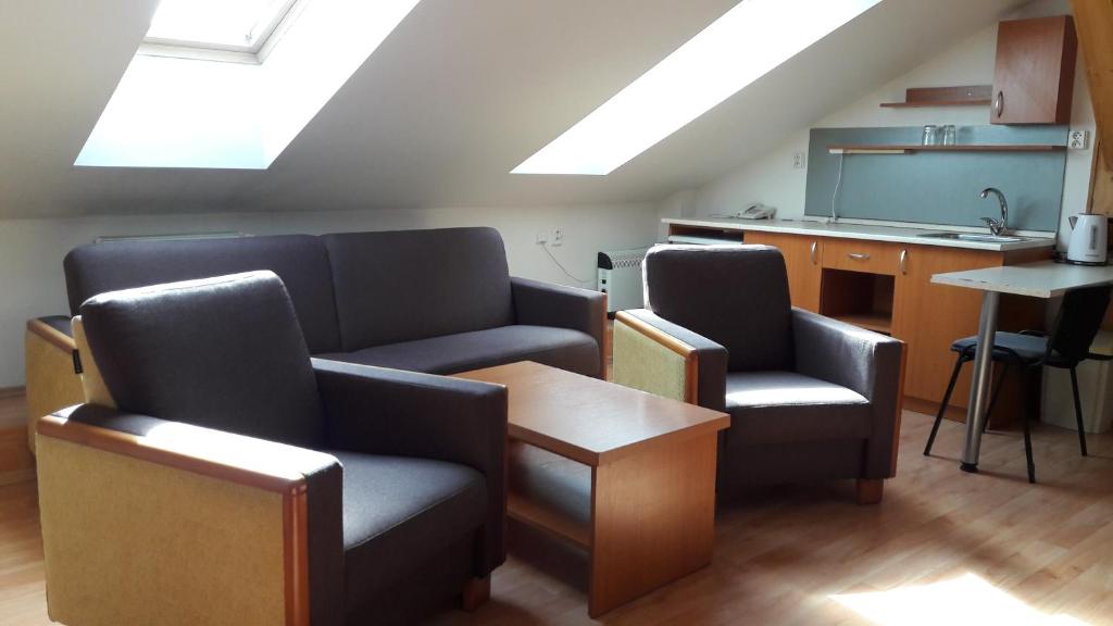 科希策的住宿－Školiace stredisko IVeS，带2把椅子和桌子的房间以及厨房