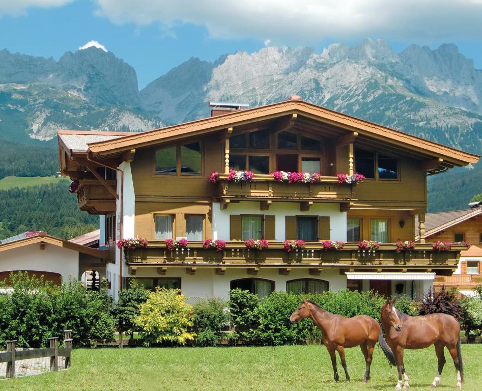 two horses standing in front of a house at Landhaus Horngacher in Ellmau