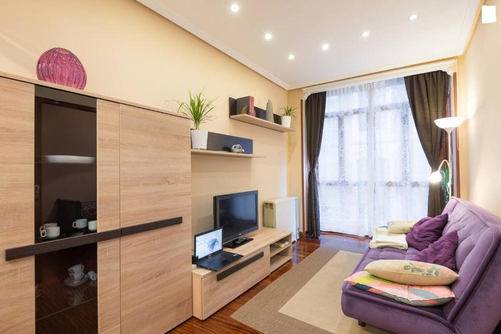 sala de estar con sofá púrpura y TV en Apartamento Artekale, en Bilbao