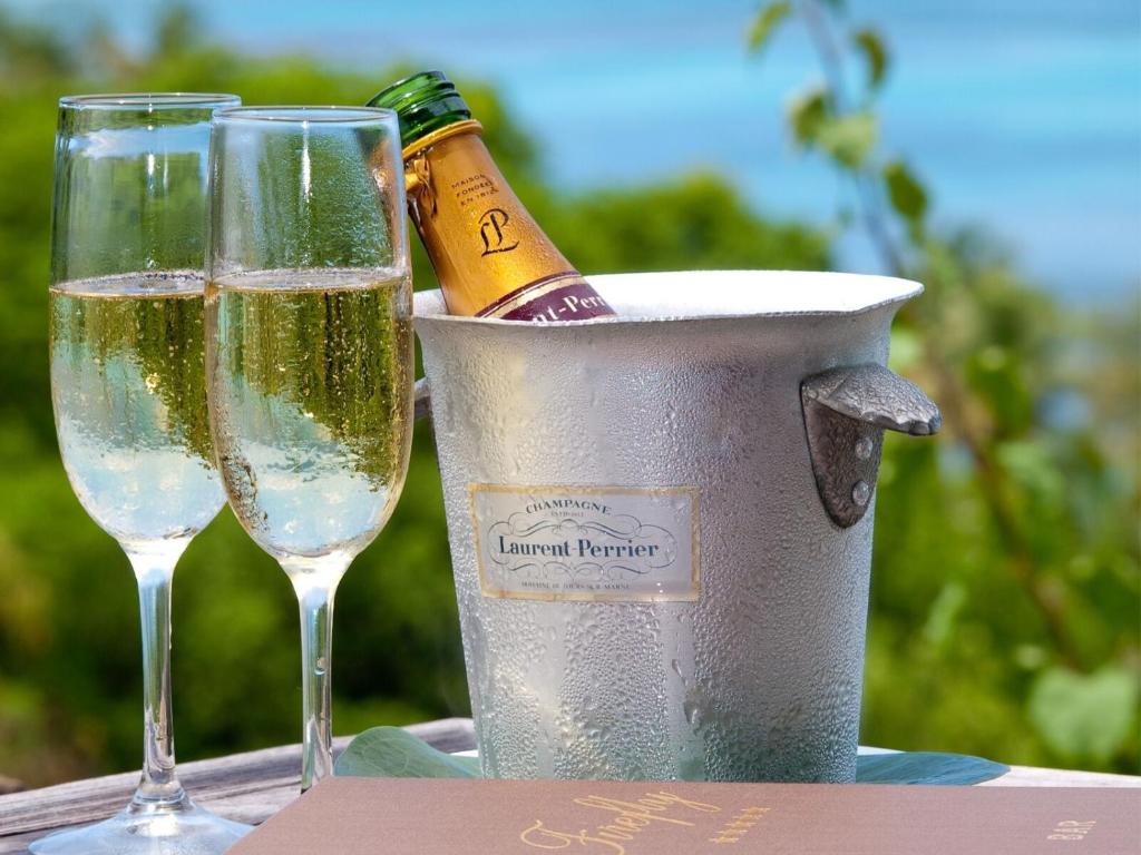 a bottle of champagne in a bucket next to two glasses at Firefly Estate Bequia in Crescent Beach