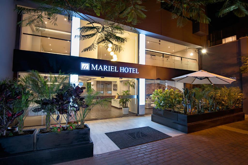 リマにあるマリエル ホテル ブティックの植物と傘が並ぶマーケットホテルのロビー