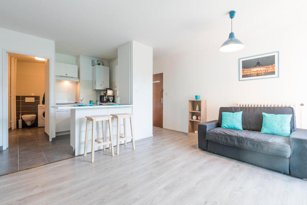 un salon avec un canapé et une cuisine dans l'établissement Ombre Bleue, à Toulouse