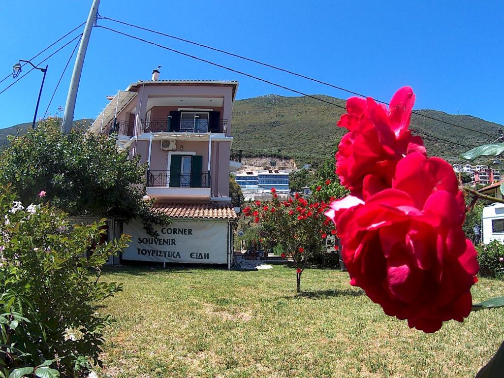 a red flower in front of a building at Iliaktida Studios in Vasiliki
