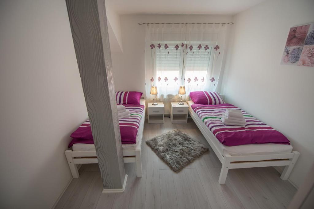 een kamer met 2 bedden en een raam bij Apartman Mm in Slavonski Brod