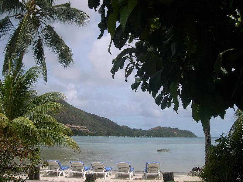 a group of chairs on a beach near the water at Sea View Lodge in Baie Sainte Anne