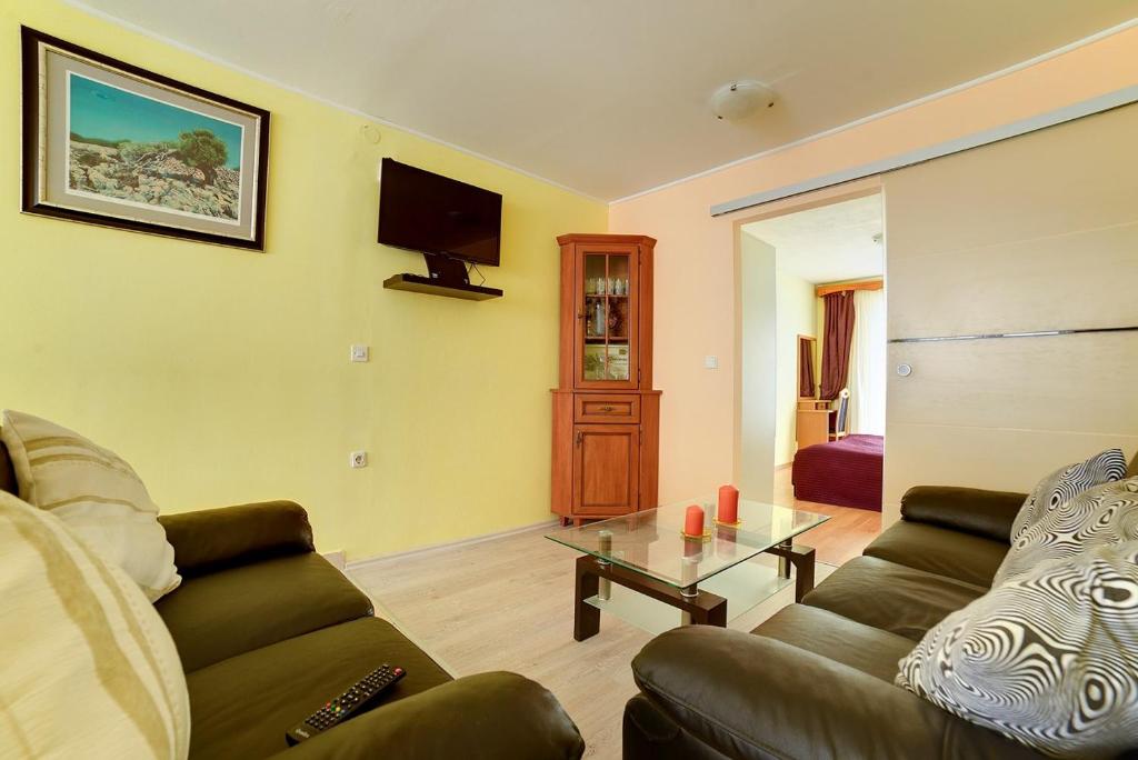 salon z kanapą i stołem w obiekcie Apartments Tereza 1352 w Puli