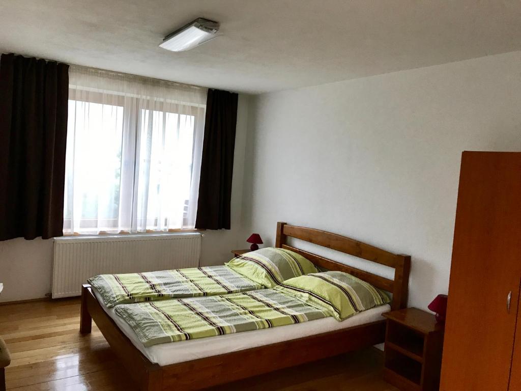1 dormitorio con cama y ventana en Pensiune Denisa, en Mediaş