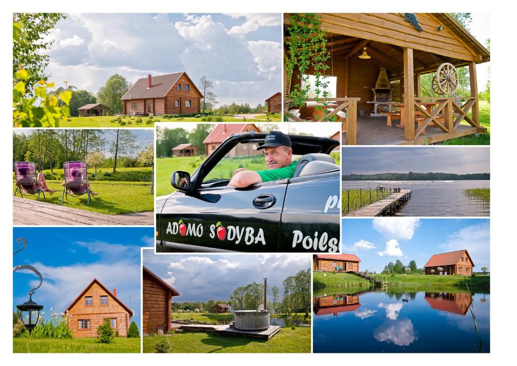 a collage of pictures of houses and a man in a car at Adomo Sodyba in Dubingiai