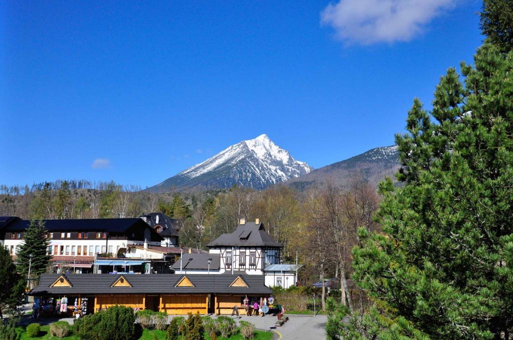 a ski lodge with a snow covered mountain in the background at Vila Lomnička in Tatranská Lomnica