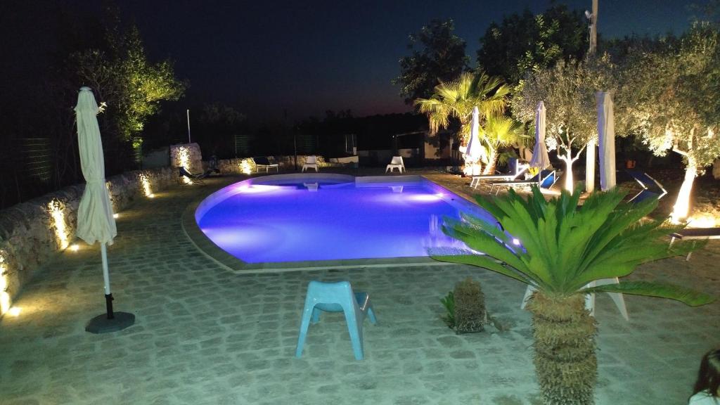 a blue swimming pool at night with a palm tree at Agriturismo Al Casale in Donnafugata