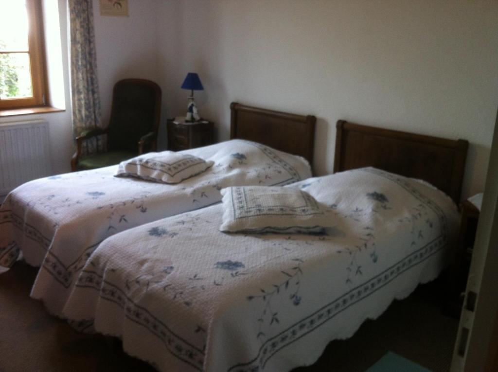 2 camas individuales en un dormitorio con ventana en Ferme du Montheu, en Dommartin-sous-Amance
