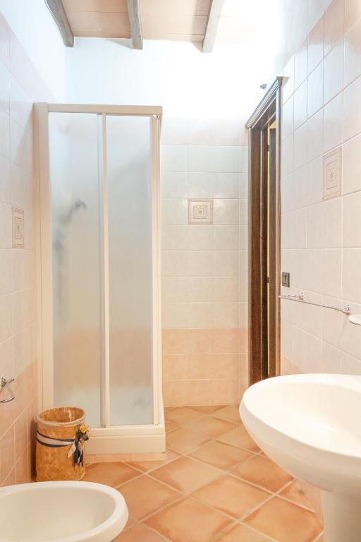 W łazience znajduje się prysznic i biała umywalka. w obiekcie Agriturismo Il Rustico w mieście Marina di Grosseto
