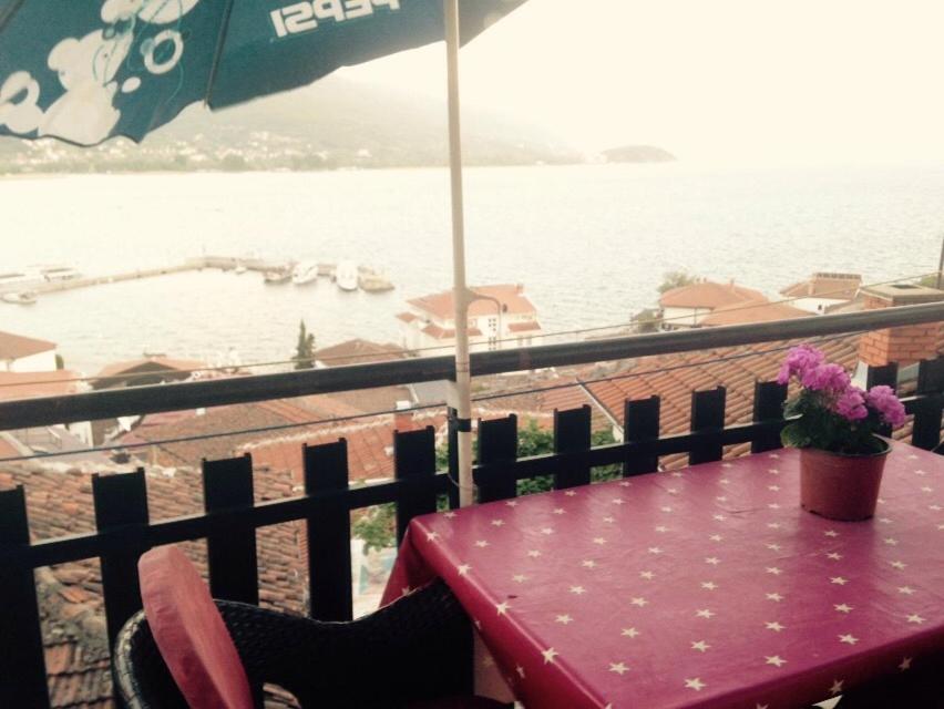 a pink table with a flower pot on top of a balcony at Vila Mare in Ohrid