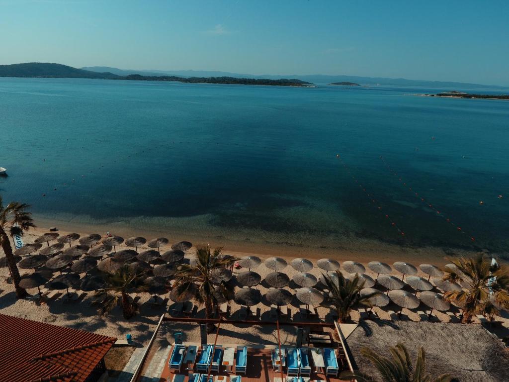 an aerial view of a beach with palm trees and the ocean at Vergos Hotel in Vourvourou