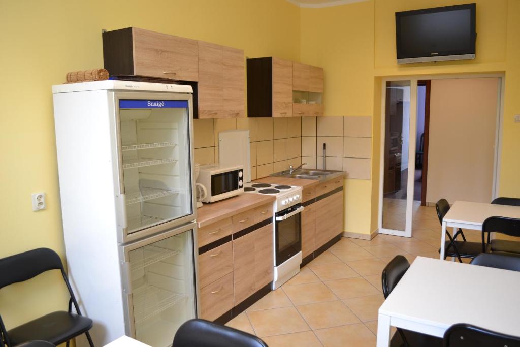 a kitchen with a refrigerator and a stove top oven at Hostel Mikołajczyka59 in Sosnowiec