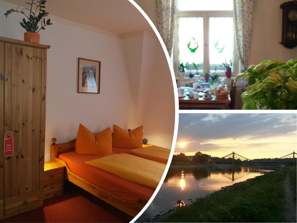 a hotel room with a bed and a sunset at Gästehaus Loschwitz in Dresden
