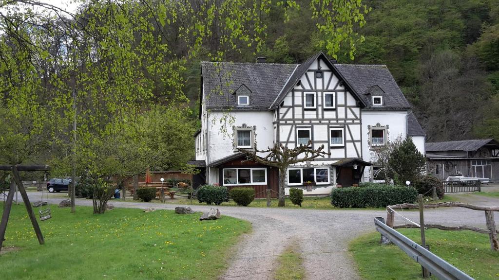 uma grande casa branca com um telhado preto em Bruchhauser Muhle em Holzappel