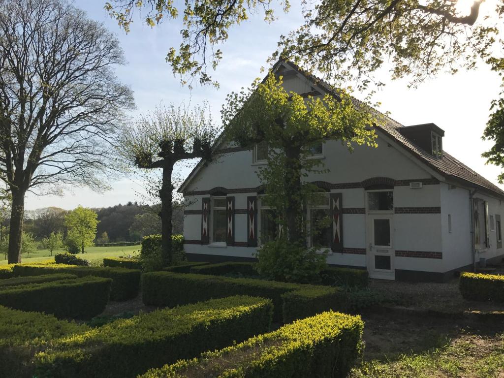 a white house with hedges in front of it at B&B Het Rijkzicht in Groesbeek