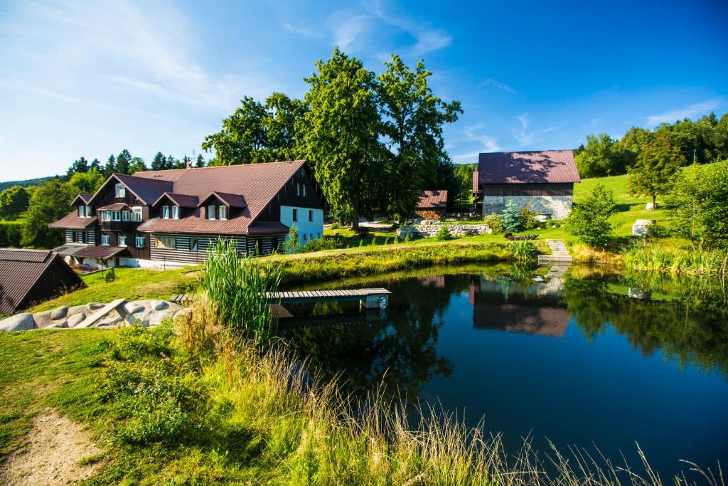 een huis op een heuvel naast een rivier bij Chata Pod lipami in Rokytnice nad Jizerou