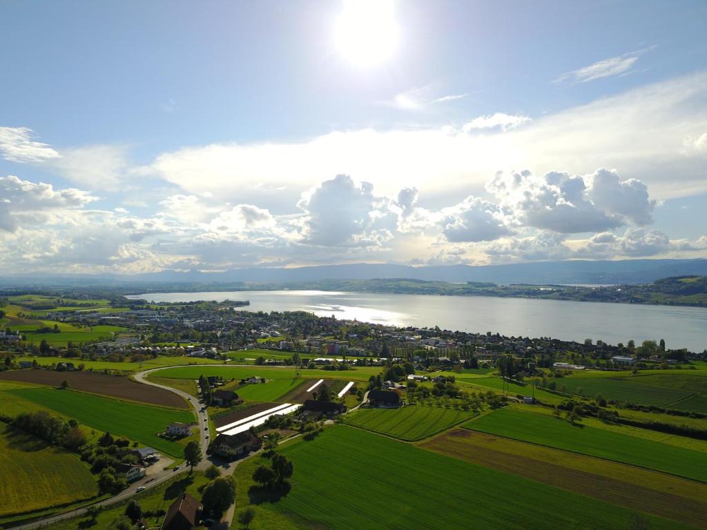 una vista aérea de un lago con campos verdes en Ferienwohnung Burg Murten en Murten