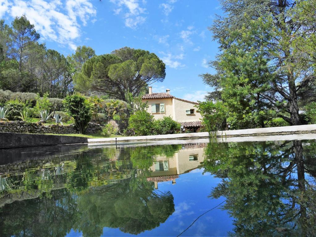 サレルヌにあるLe Mas des Oliviersの家が水のプールに映っている