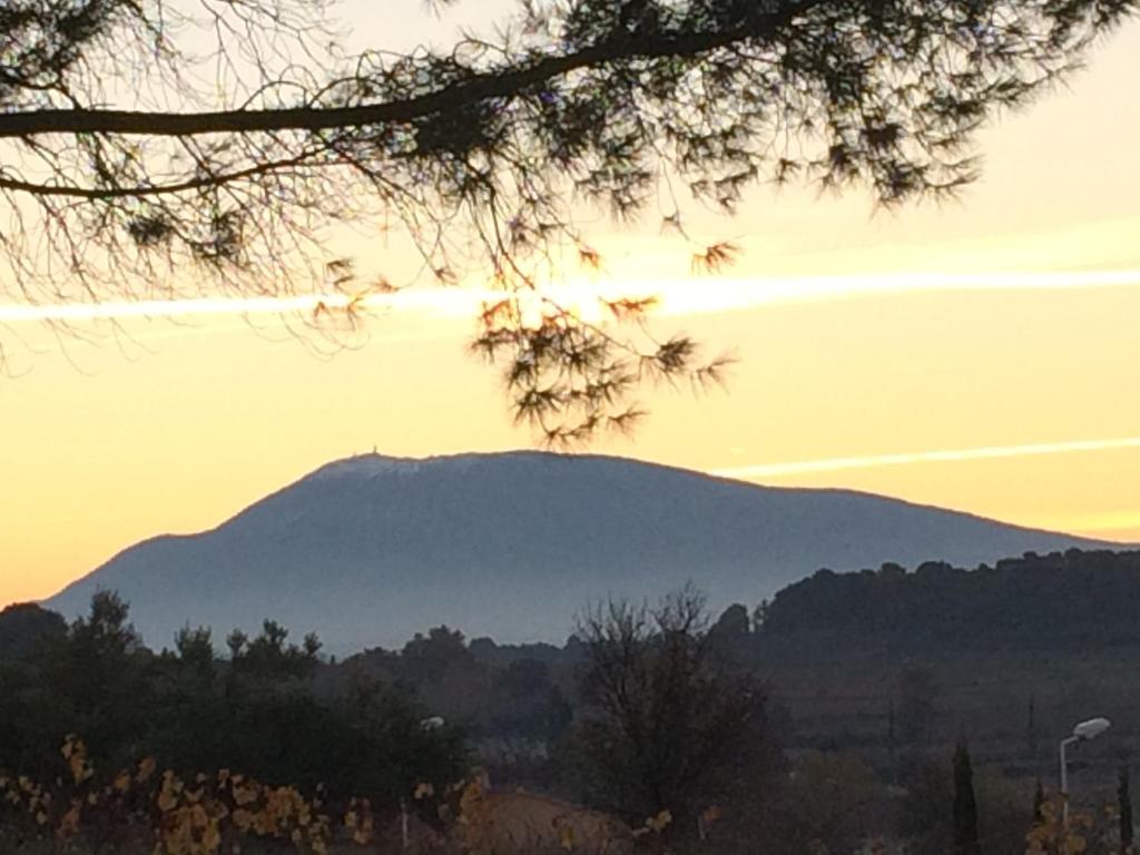 Une montagne au loin avec un coucher de soleil dans l'établissement Domaine Fontaine, à Visan