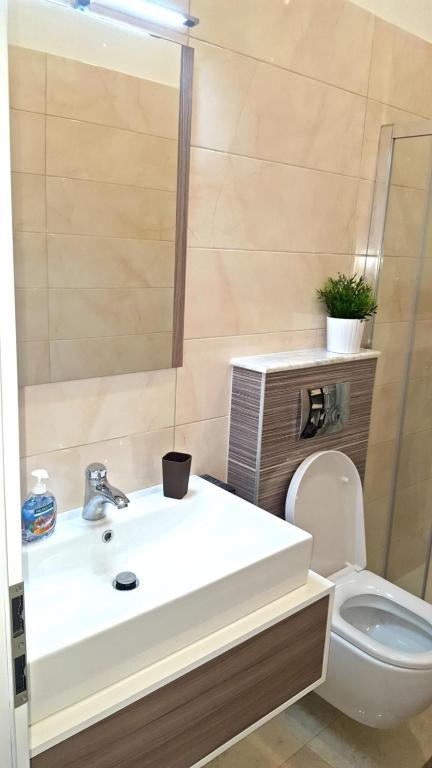 łazienka z białą umywalką i toaletą w obiekcie City Center Premium Apartment w Poreču