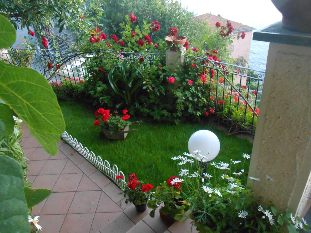 un petit jardin avec des fleurs rouges et une clôture dans l'établissement Garden Villa Sea View, à Riomaggiore