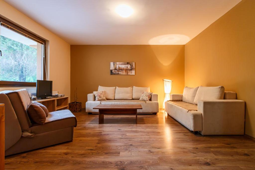 a living room with two couches and a tv at Guest house Boračko Lake in Jezero